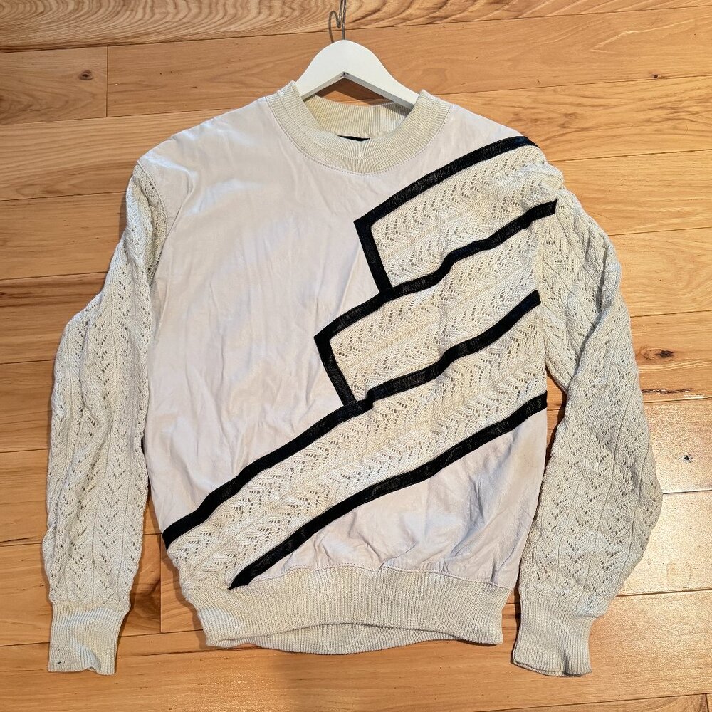 Vintage Torras Leather and Cotton Knit Sweater Unisex Black White Colour Block